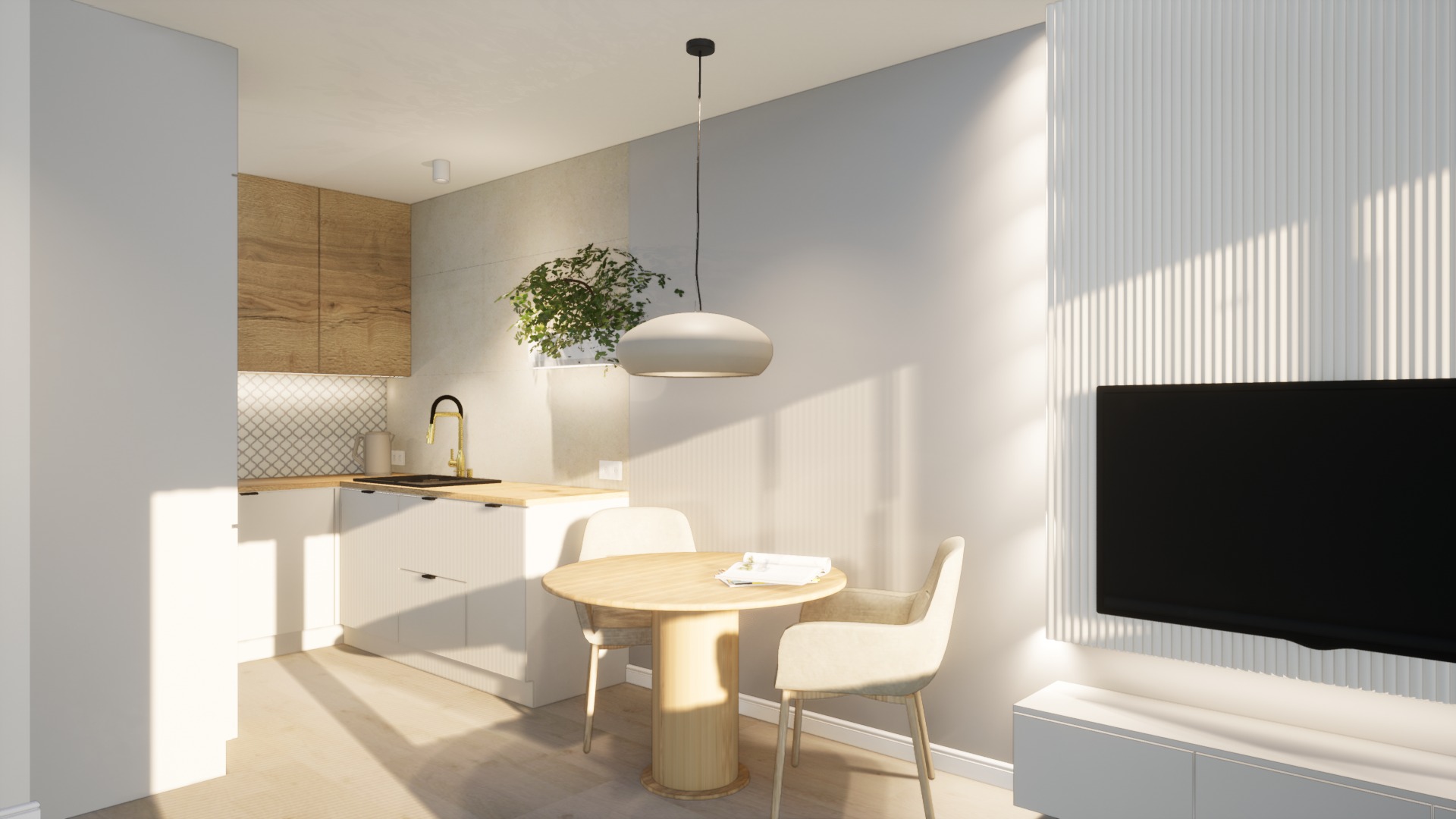 Nowoczesne wnętrze: jasna kuchnia z drewnianymi akcentami, okrągły stół z krzesłami i minimalistyczna ściana TV z lamelami w słonecznym świetle.