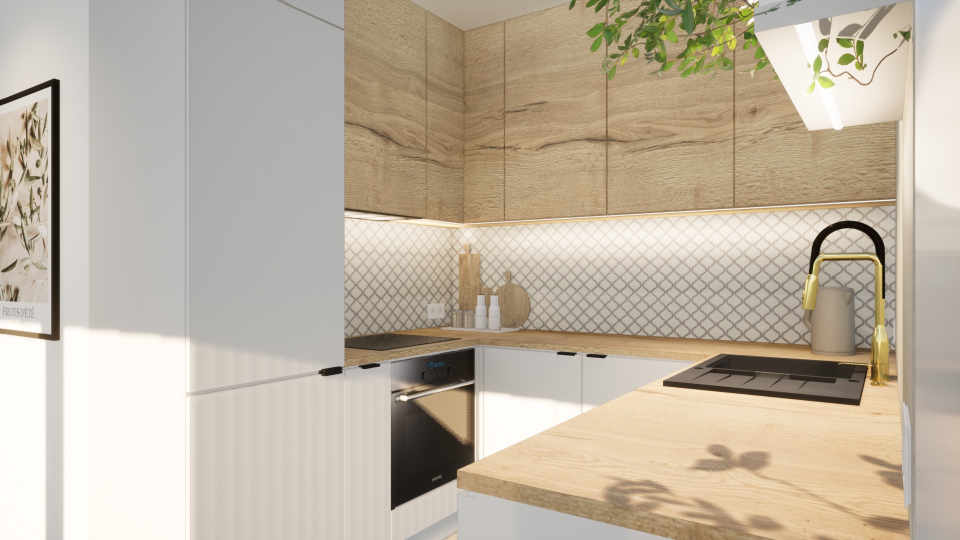 Jasna kuchnia z drewnianymi szafkami górnymi i białymi dolnymi. Nad blatem dekoracyjna mozaika, złota bateria i czarny zlew. Na ścianie grafika w czarnej ramie.