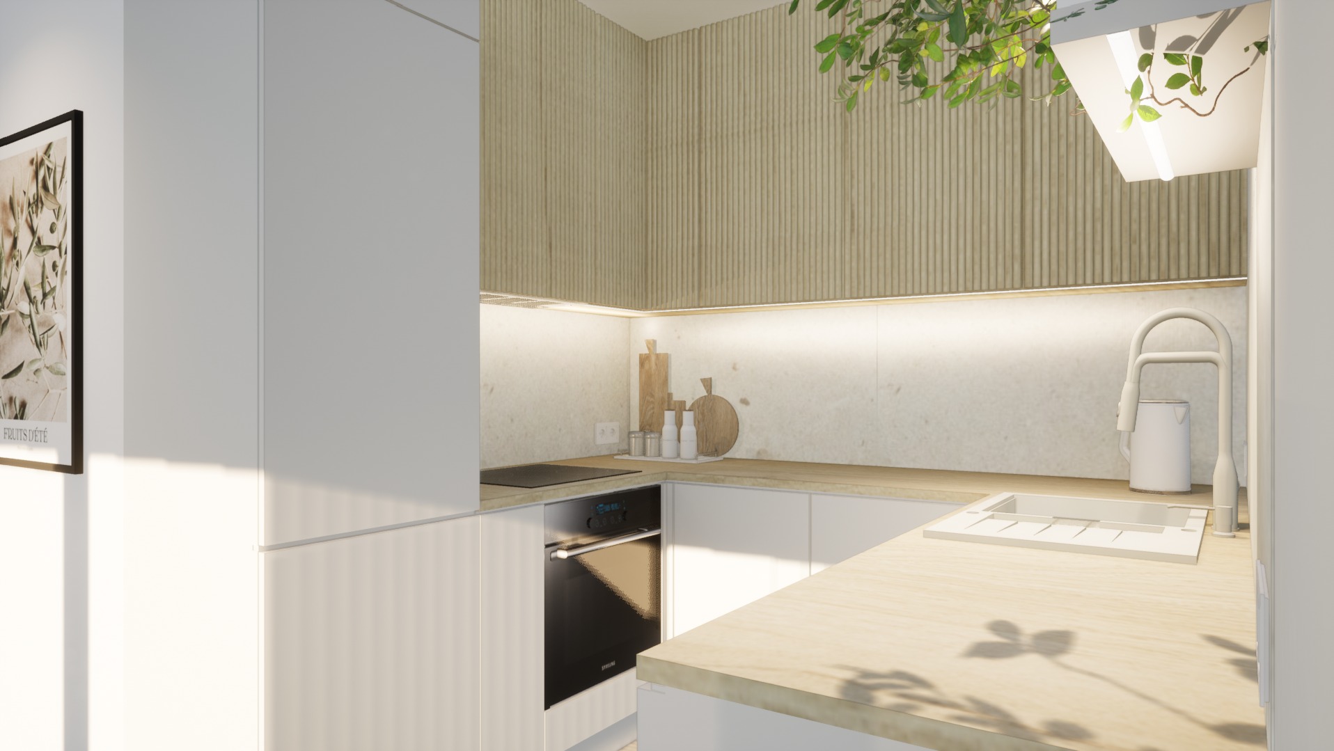 Jasna kuchnia z drewnianymi akcentami: ryflowana ściana, drewniany blat, roślina zwisająca z góry. Minimalistyczny styl, nowoczesne oświetlenie.