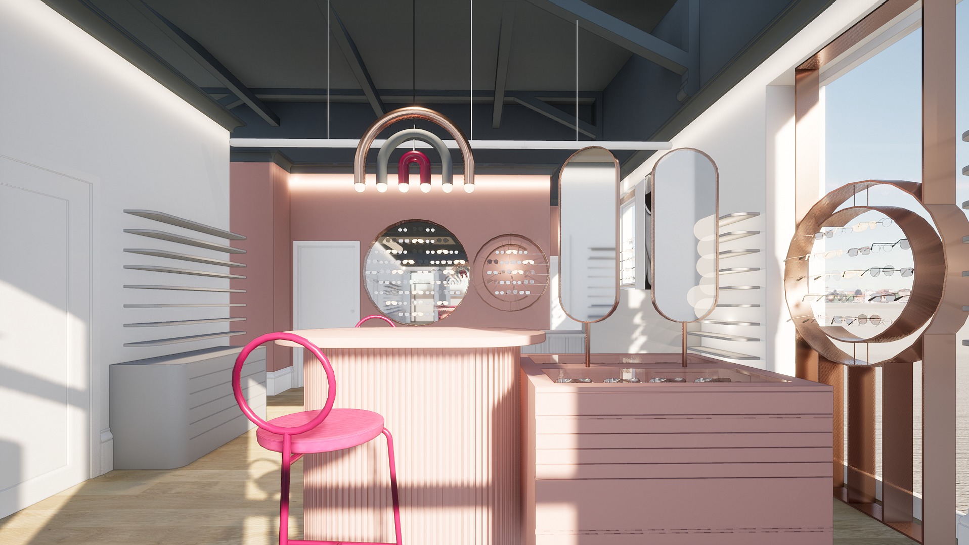 Wnętrze salonu optycznego: różowe meble, okrągłe lustra z okularami, nowoczesne oświetlenie i ekspozycja okularów przy oknie. Widoczny barowy stołek.