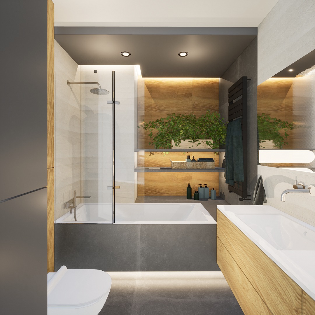 Nowoczesna łazienka z wanną za szklaną ścianką, drewnianymi akcentami i roślinami na półkach. Minimalistyczny design, oświetlenie LED pod wanną i szafką.
