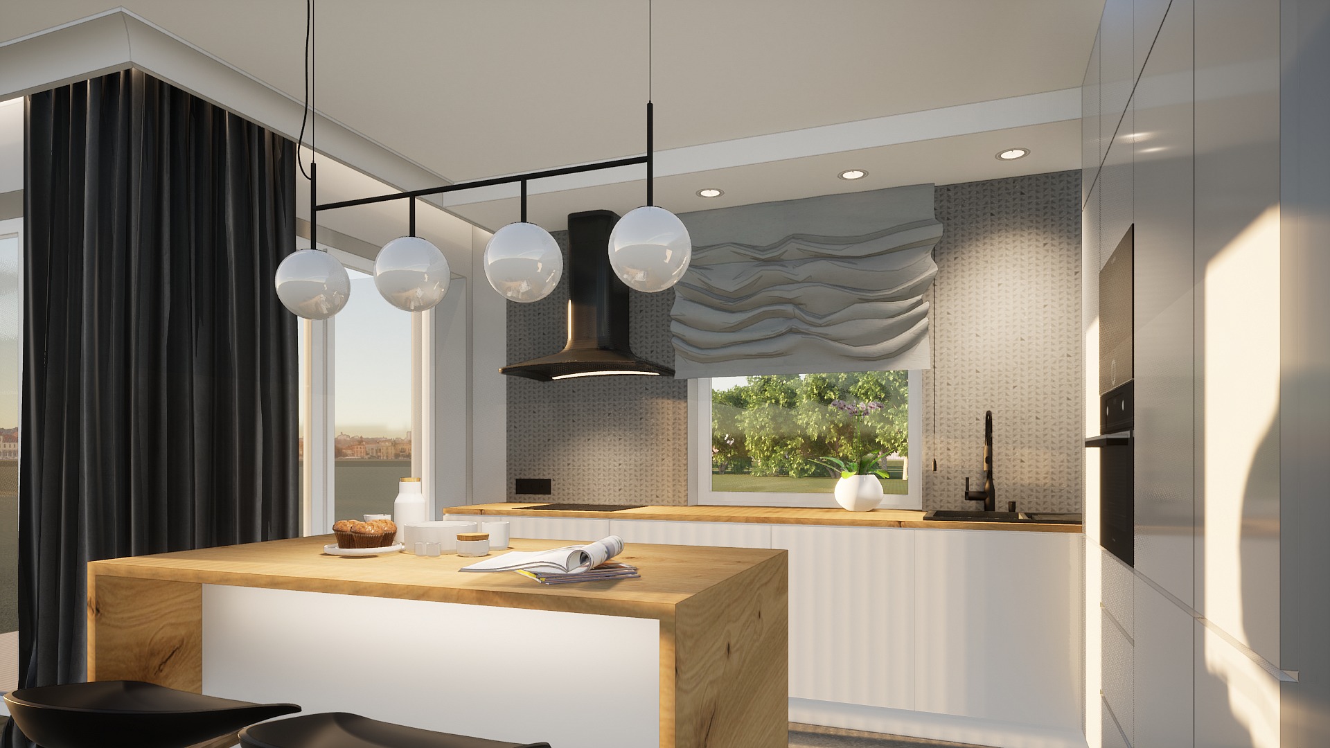Nowoczesna kuchnia z wyspą o drewnianym blacie, okrągłymi lampami i dekoracyjną roletą rzymską. Widok na zieleń za oknem i czarne zasłony po lewej stronie.
