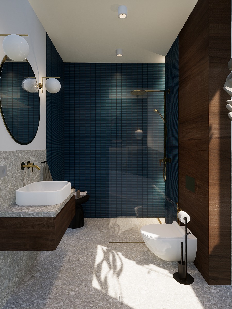 Nowoczesna łazienka z umywalką na drewnianym blacie, owalnym lustrem z kulistymi lampami i kabiną prysznicową za toaletą.