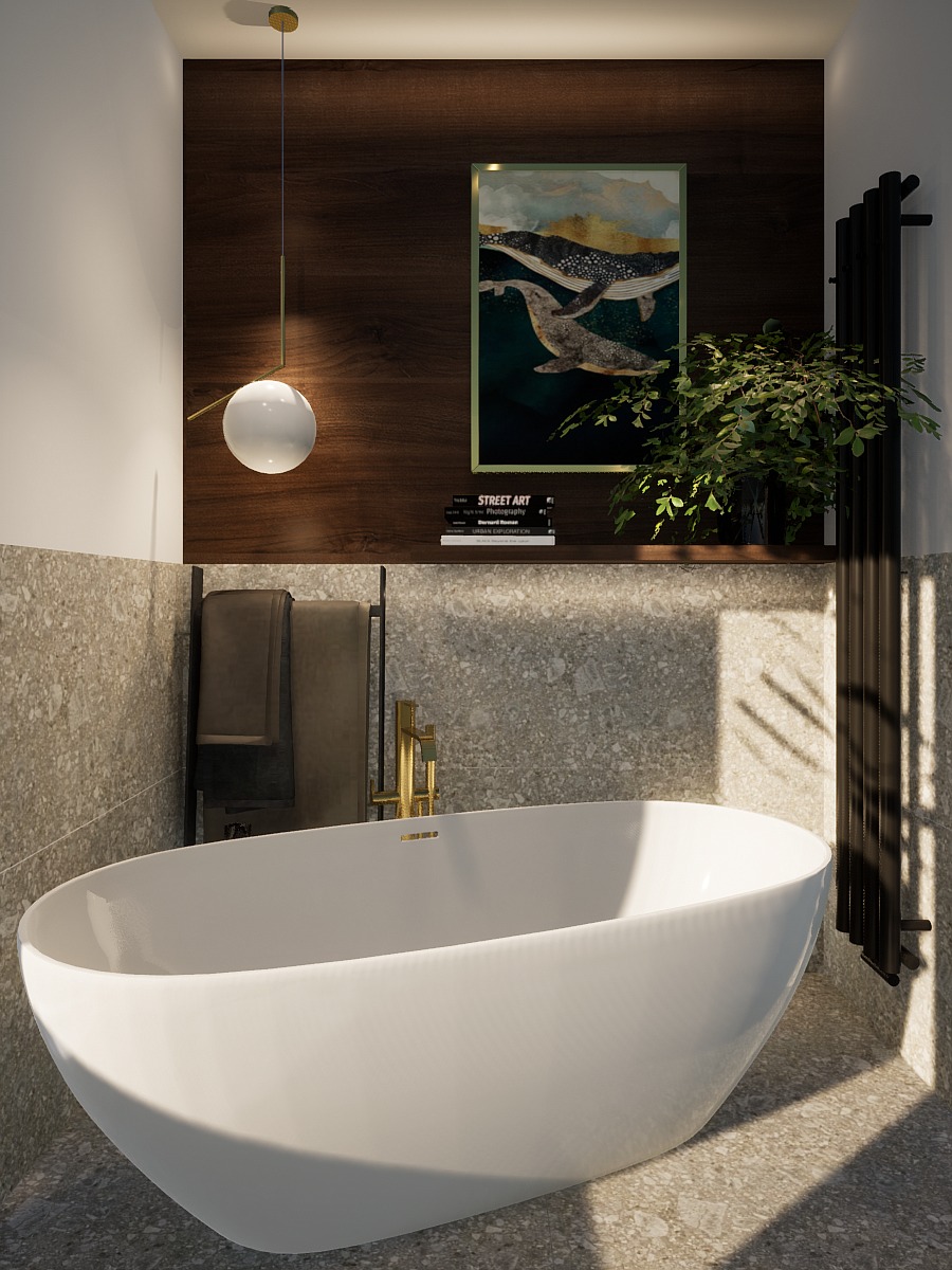 Nowoczesna łazienka z wolnostojącą wanną, złotą armaturą i dekoracyjnym oświetleniem. Na ścianie obraz z motywem morskim i drewniane panele ścienne.