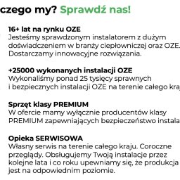 PGEM SPÓŁKA Z OGRANICZONĄ ODPOWIEDZIALNOŚCIĄ - Grafika informacyjna: 16+ lat na rynku OZE, +25000 instalacji, sprzęt premium, opieka serwisowa. Zielone ikony i tekst na białym tle. Dlaczego my? Sprawdź nas!