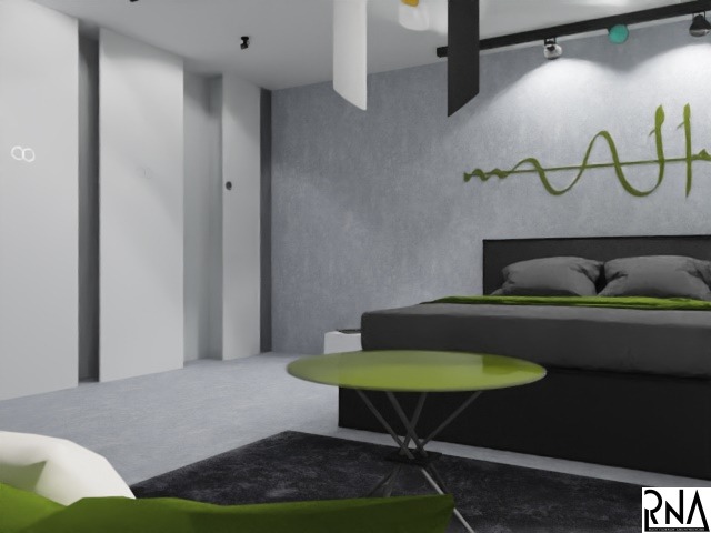 Wizualizacja nowoczesnej sypialni w Krakowie z szarą ścianą, minimalistycznym łóżkiem z zielonym akcentem i okrągłym stolikiem kawowym z blatem w kolorze limonki.