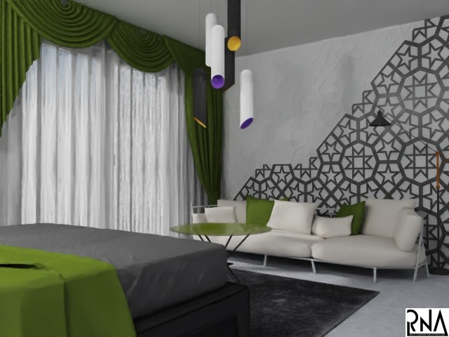 Wizualizacja sypialni z łóżkiem w odcieniach szarości i zieleni, białą sofą z zielonymi poduszkami, okrągłym stolikiem kawowym i dekoracyjną ścianą z geometrycznym wzorem.