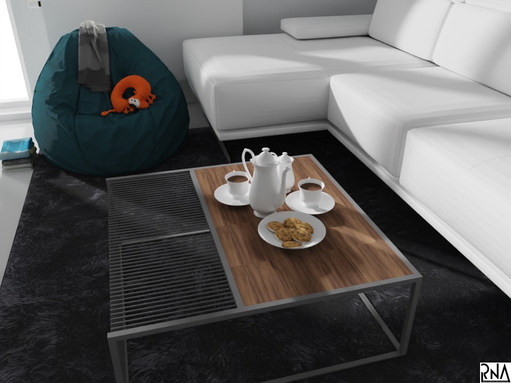 Wizualizacja wnętrza salonu z białym narożnikiem, pufą typu worek sako, stolikiem kawowym z drewnianym blatem oraz zastawą do herbaty i ciasteczkami.