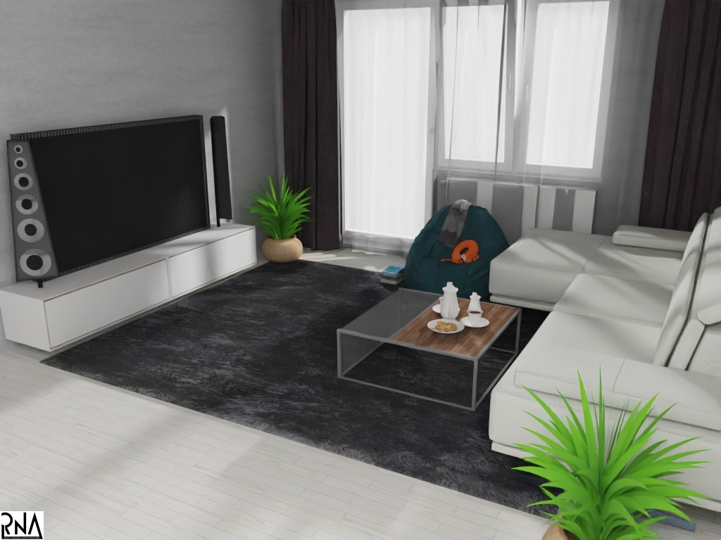 Wizualizacja salonu z białym narożnikiem, stolikiem kawowym z zastawą, telewizorem na szafce RTV oraz roślinami doniczkowymi przy oknie i obok telewizora.