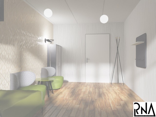 Wizualizacja wnętrza biura z zielonymi fotelami, drewnianą podłogą i geometryczną tapetą, oświetlona kulistymi lampami sufitowymi.