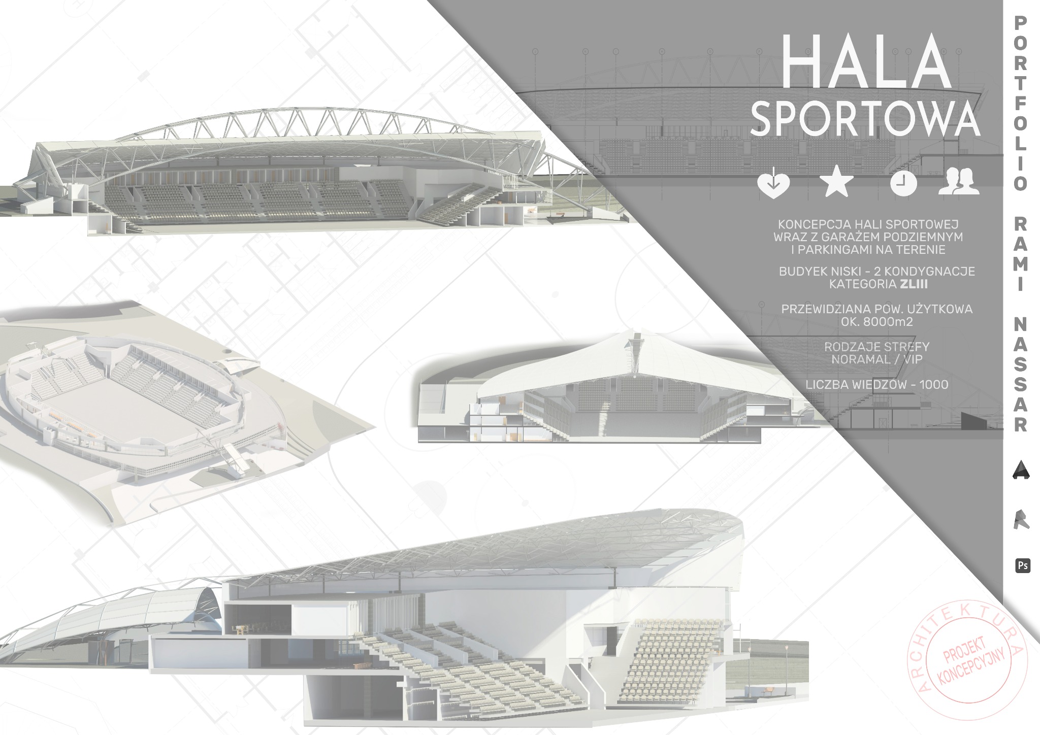 Koncepcja architektoniczna hali sportowej z garażem podziemnym i parkingami, przekroje budynku, wizualizacja 3D.