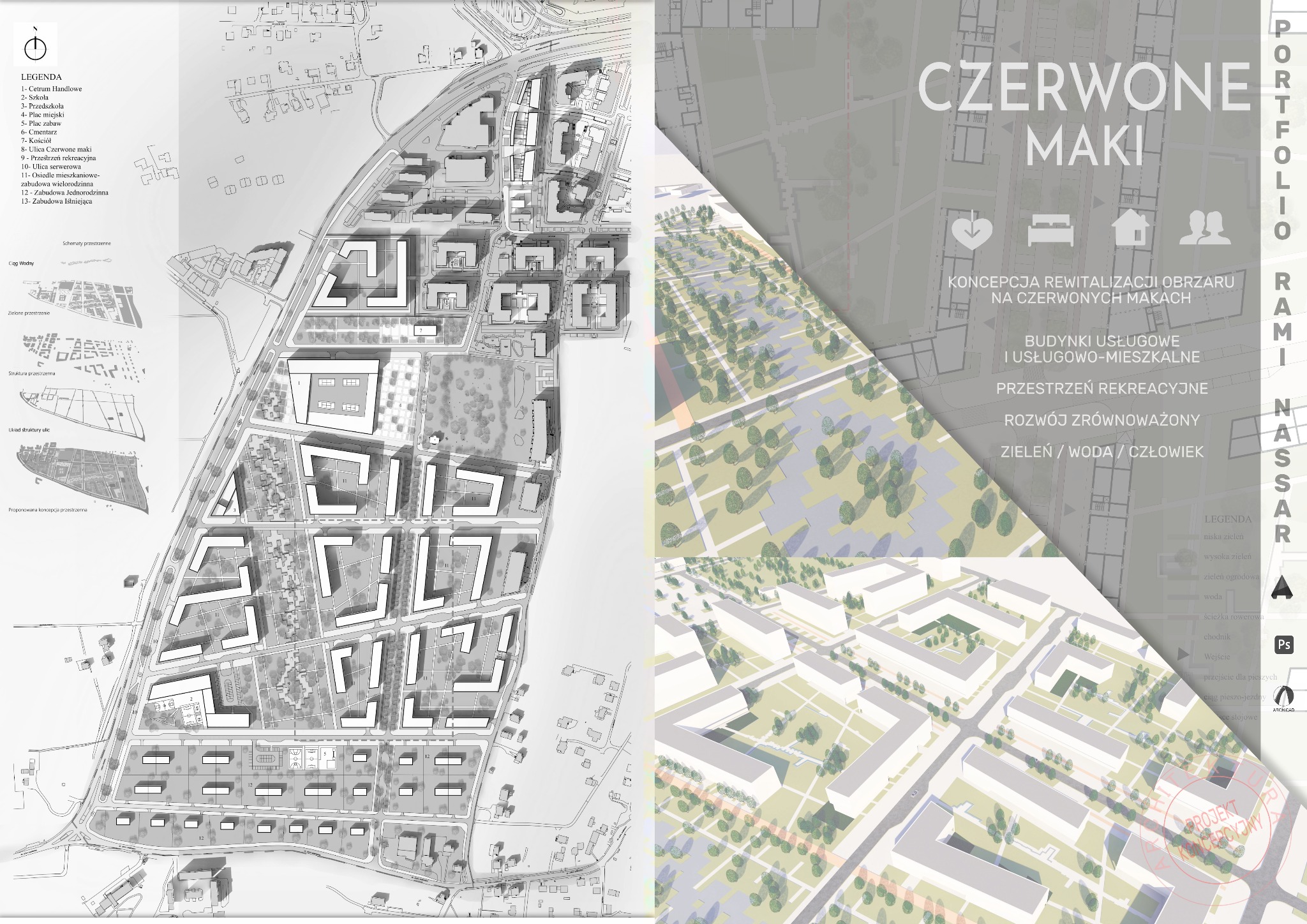 Koncepcja urbanistyczna rewitalizacji obszaru 'Czerwone Maki', prezentująca plan zagospodarowania przestrzennego z budynkami usługowymi i mieszkalnymi, przestrzeniami rekreacyjnymi oraz zielenią,...