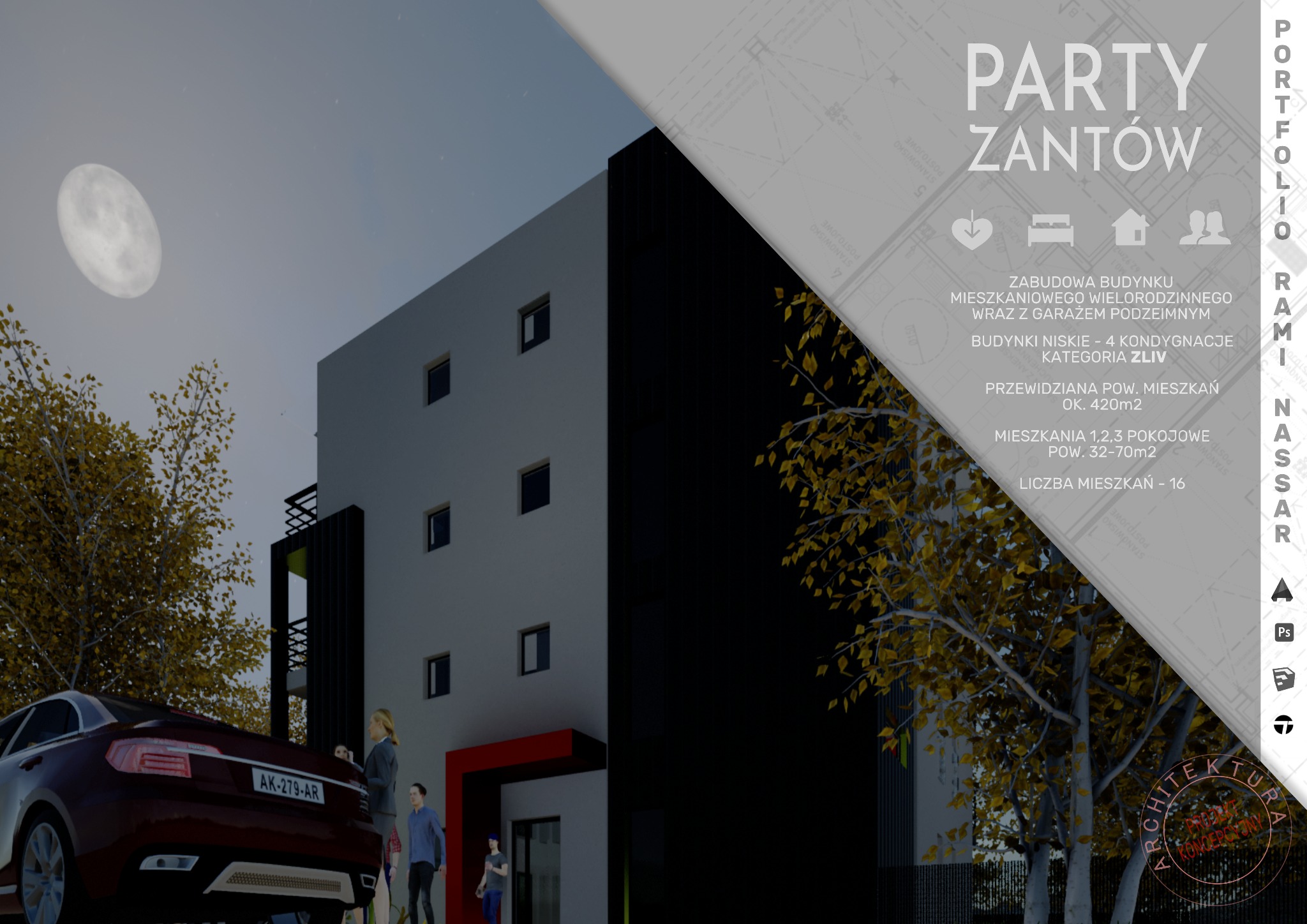 Wizualizacja budynku wielorodzinnego z garażem podziemnym, widok z perspektywy pieszego, z zaparkowanym samochodem i sylwetkami ludzi na pierwszym planie, na tle nocnego nieba z księżycem.