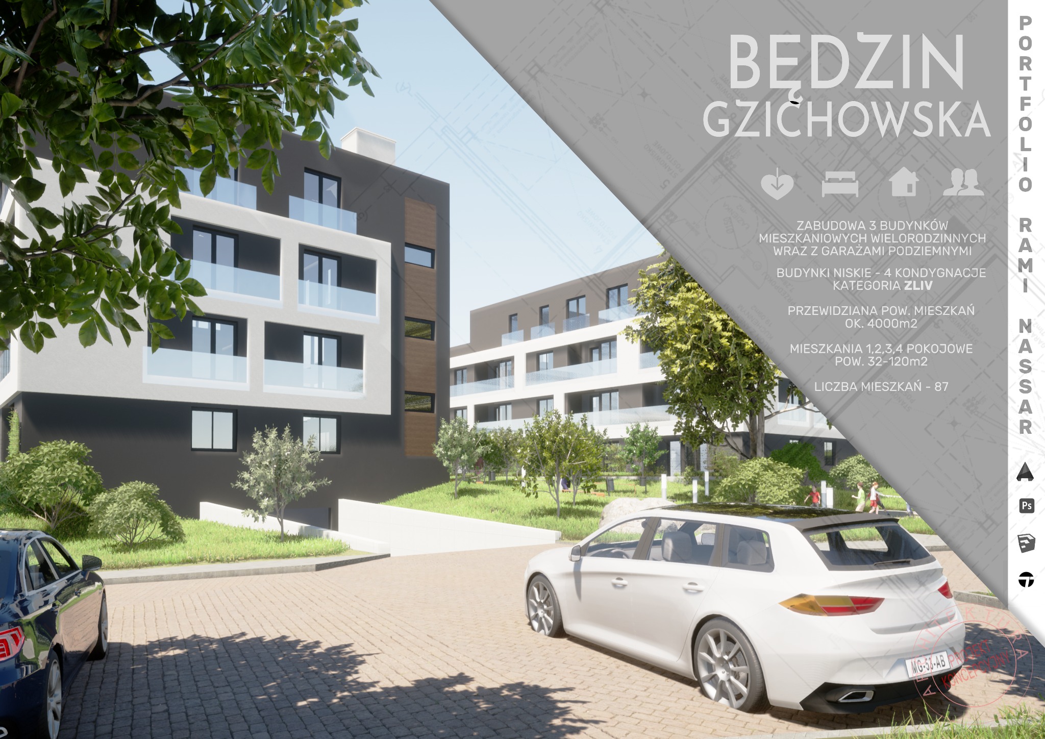 Wizualizacja osiedla mieszkaniowego w Będzinie Gzichowskiej, prezentująca trzy nowoczesne budynki wielorodzinne z garażami podziemnymi, niskie, czterokondygnacyjne, z samochodami na parkingu...