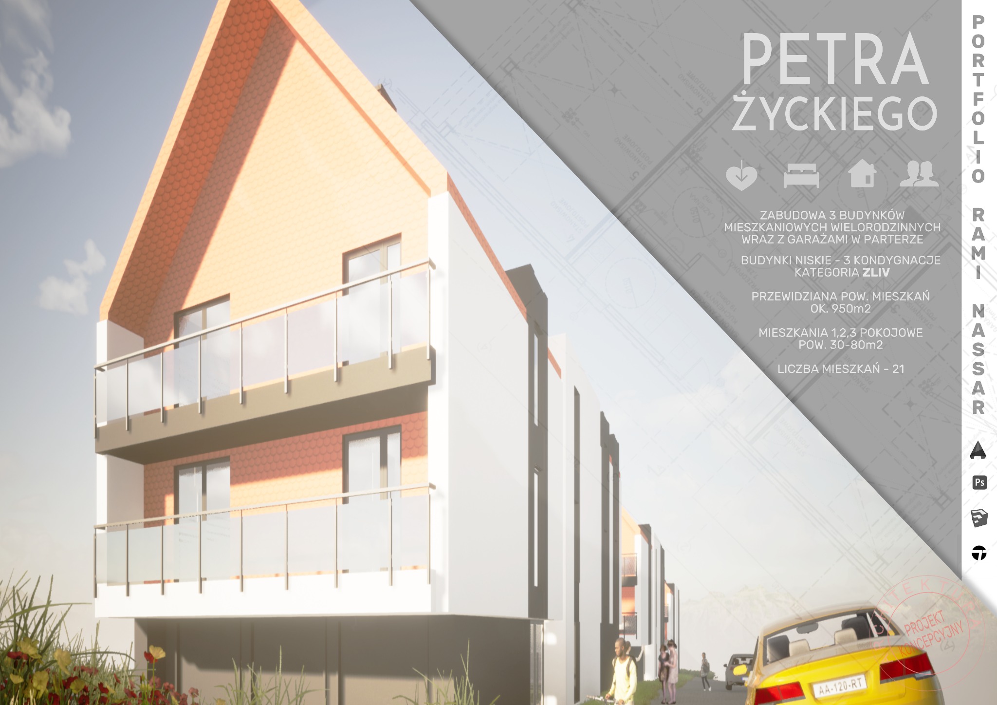 Wizualizacja zewnętrzna budynku mieszkalnego wielorodzinnego z balkonami, z elementami projektu koncepcyjnego i danymi technicznymi, samochód na pierwszym planie.