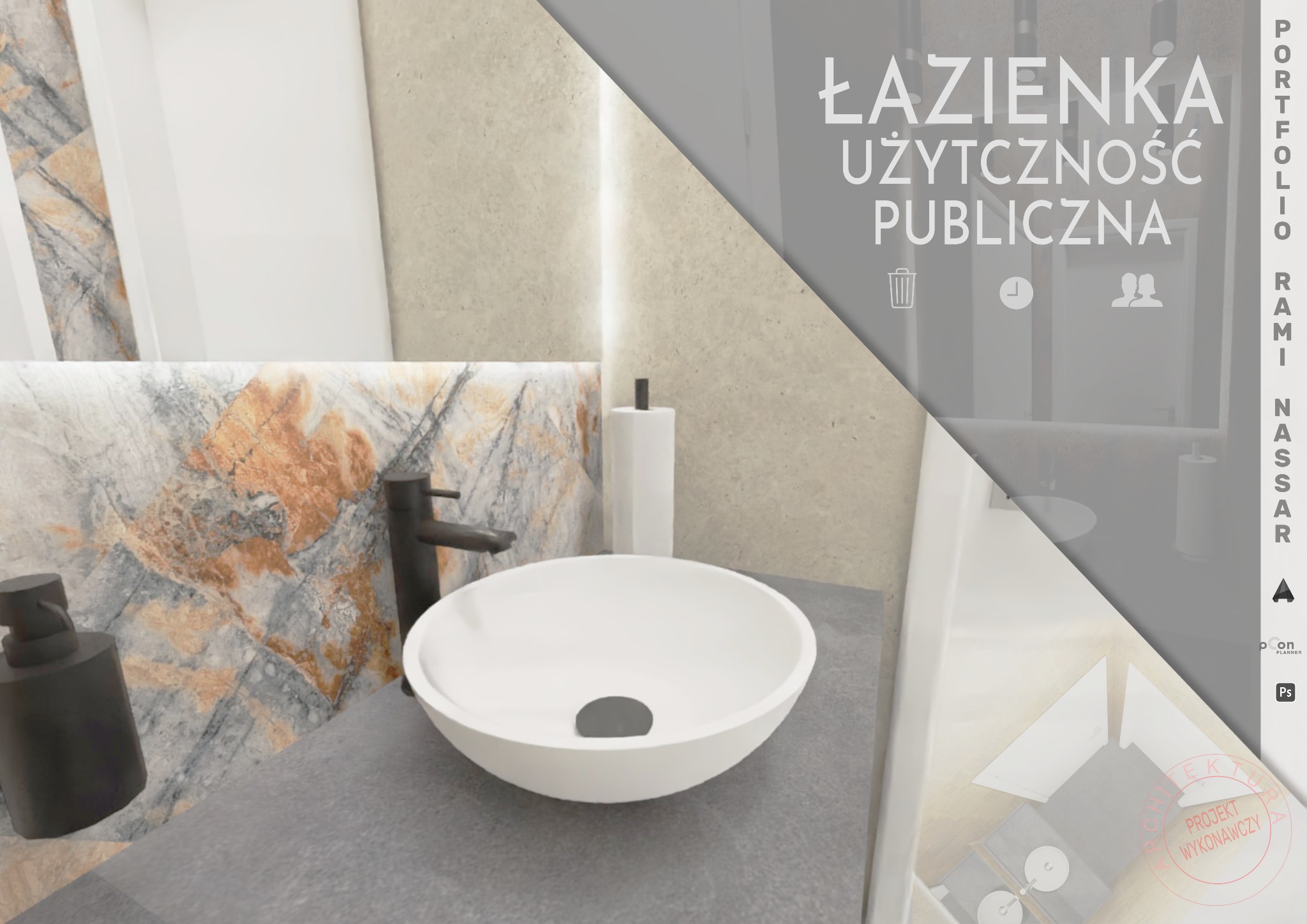 Wizualizacja umywalki nablatowej w łazience publicznej z blatem z szarego kamienia i ścianą wykończoną płytkami imitującymi marmur z pomarańczowymi żyłkami, z widocznym logo projektanta w rogu.