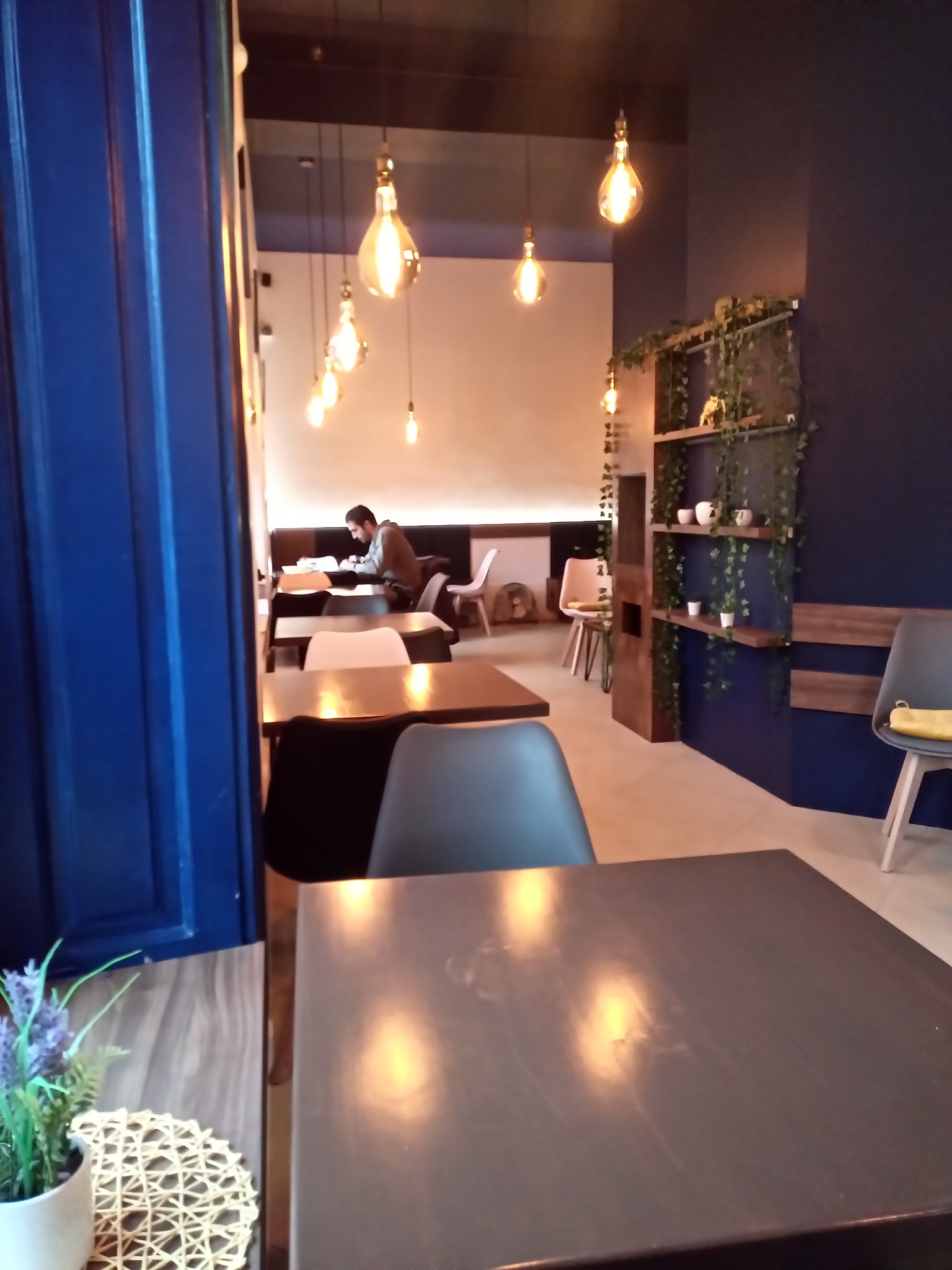 Wnętrze kawiarni z ciemnymi meblami, dekoracyjnymi żarówkami i roślinami na ścianie, widziane z perspektywy stolika z kwiatami w doniczce.