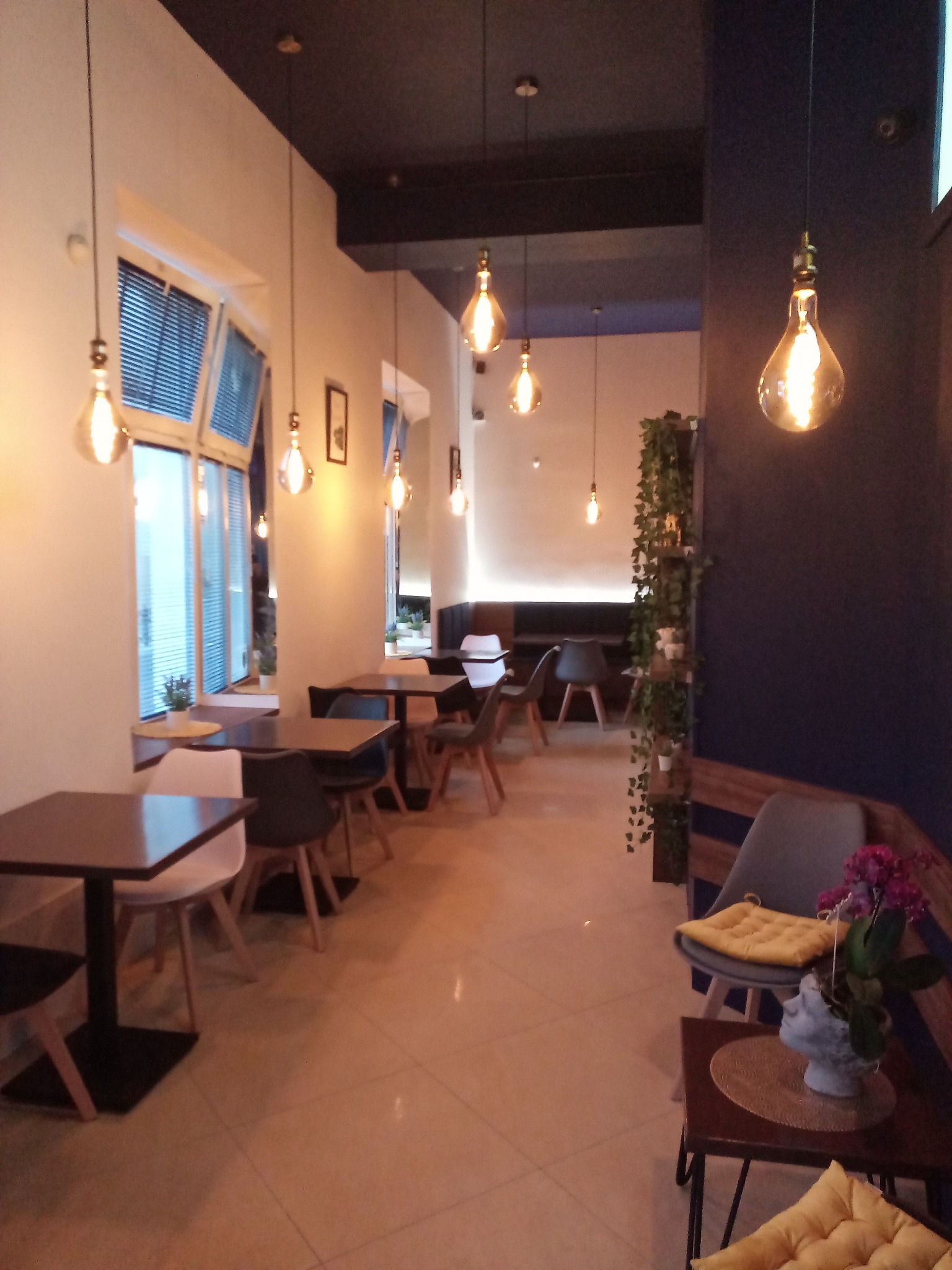 Wnętrze kawiarni w Krakowie z rzędem stolików i krzeseł oświetlonych przez wiszące żarówki w stylu retro, z dekoracjami roślinnymi na ścianie i kwiatami na stoliku bocznym.