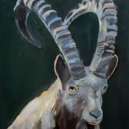 Olejny portret koziorożca alpejskiego z charakterystycznymi, prążkowanymi rogami na ciemnozielonym tle.
