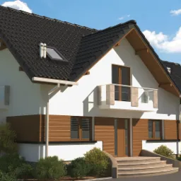 Wizualizacja dwukondygnacyjnego domu jednorodzinnego z balkonem i garażem, wykończonego białym tynkiem i drewnianą okładziną, z czarnym dachem i schodami wejściowymi.