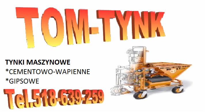 Grafika reklamowa firmy TOM-TYNK oferującej usługi tynkarskie maszynowe, z numerem telefonu i wizualizacją maszyny PFT G4.