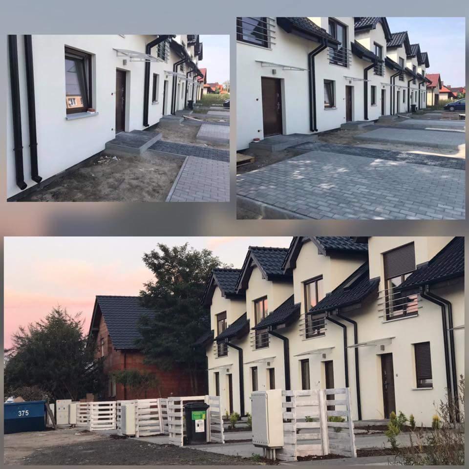 Nowe szeregowe domy jednorodzinne z wybrukowanymi podjazdami i chodnikami, widoczne detale wykończeniowe, takie jak rynny i schody wejściowe, prezentowane w kolażu