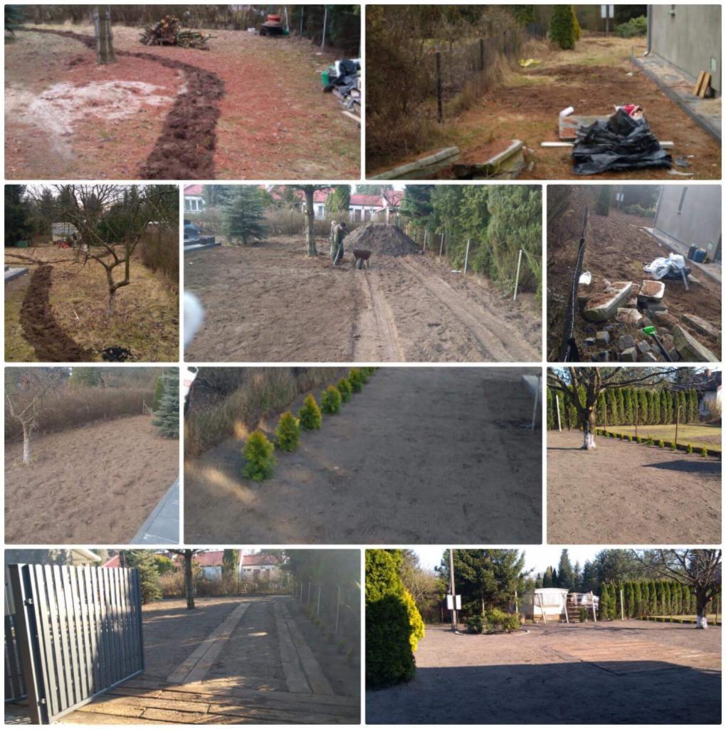 Kompozycja kolażu przedstawiająca różne etapy prac ziemnych i przygotowania terenu pod ogród: wyrównywanie ziemi, przygotowanie ścieżek, sadzenie małych drzewek i krzewów, widoczne narzędzia...