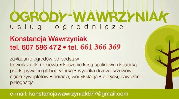 Wizytówka firmy ogrodniczej z zielonym logo drzewa, zawierająca dane kontaktowe i listę oferowanych usług, takich jak zakładanie ogrodów, koszenie trawników, cięcie żywopłotów i pielęgnacja.