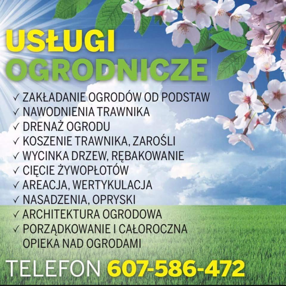 Grafika reklamowa usług ogrodniczych, obejmujących zakładanie ogrodów, nawadnianie trawników, drenaż, koszenie, wycinkę drzew, cięcie żywopłotów, areację, wertykulację, nasadzenia, opryski...