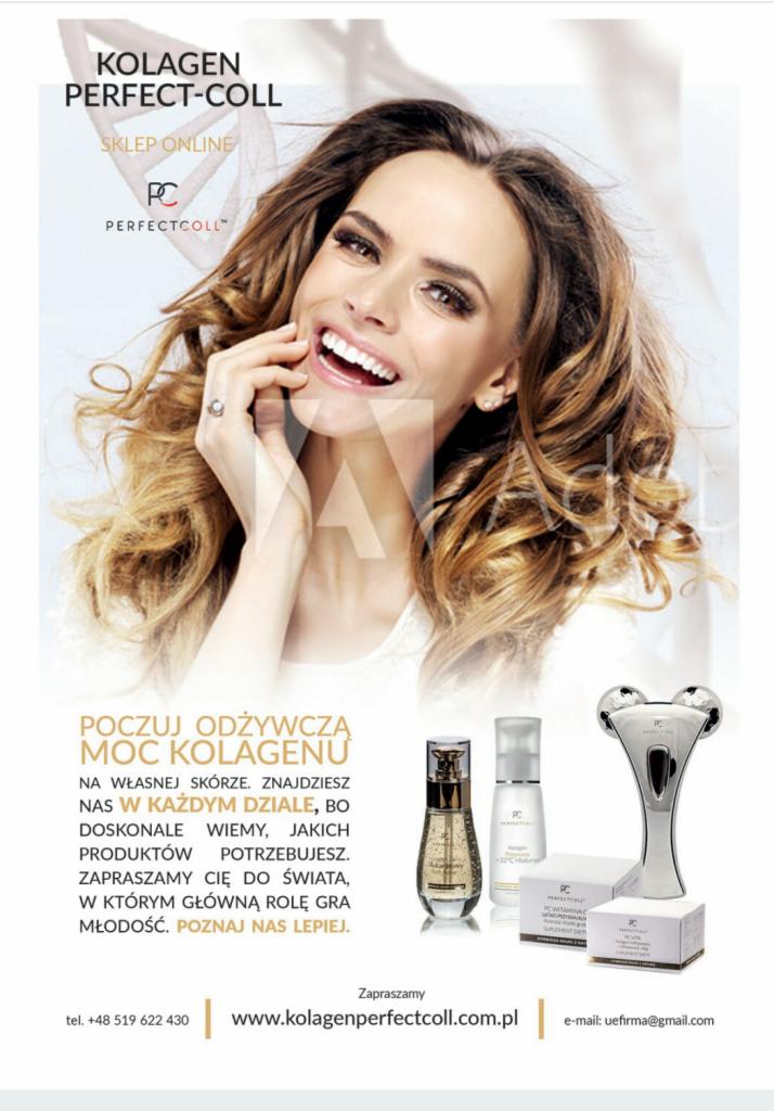 Uśmiechnięta kobieta z blond włosami, prezentacja kosmetyków i urządzenia do pielęgnacji skóry marki Kolagen Perfect-Coll.