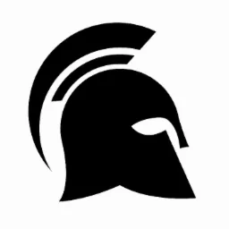 Stylizowany, czarny hełm starożytnego wojownika na białym tle, prawdopodobnie logo firmy.