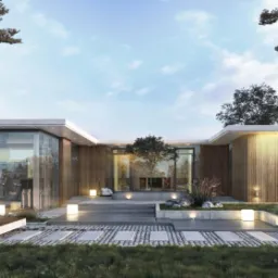 Wizualizacja nowoczesnego domu jednorodzinnego z płaskim dachem, drewnianą elewacją i dużymi przeszkleniami, otoczonego zielenią i podświetlonego kwadratowymi lampami.