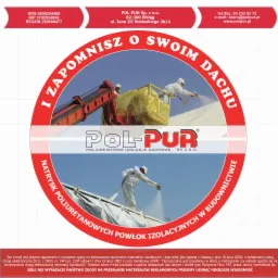 Grafika reklamowa firmy Pol-Pur prezentująca natrysk poliuretanowych powłok izolacyjnych na dachu, z pracownikami w kombinezonach ochronnych, wykonujących natrysk z podnośnika koszowego.