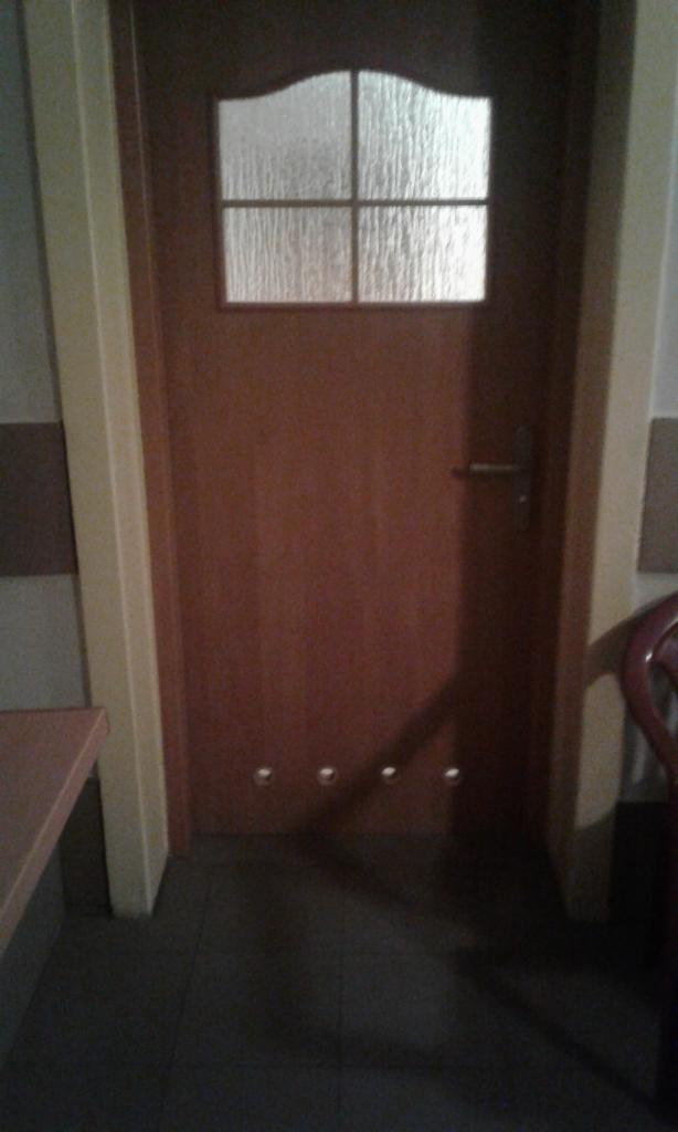 Drewniane drzwi wewnętrzne z szybą o falistej fakturze, widoczne cztery otwory montażowe na dole, ciemne płytki podłogowe, słabe oświetlenie.
