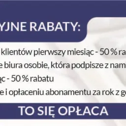 Grafika z informacją o atrakcyjnych rabatach dla nowych klientów biura rachunkowego w Kutnie: 50% rabatu na pierwszy miesiąc, 50% rabatu za polecenie oraz 5% rabatu przy umowie rocznej.