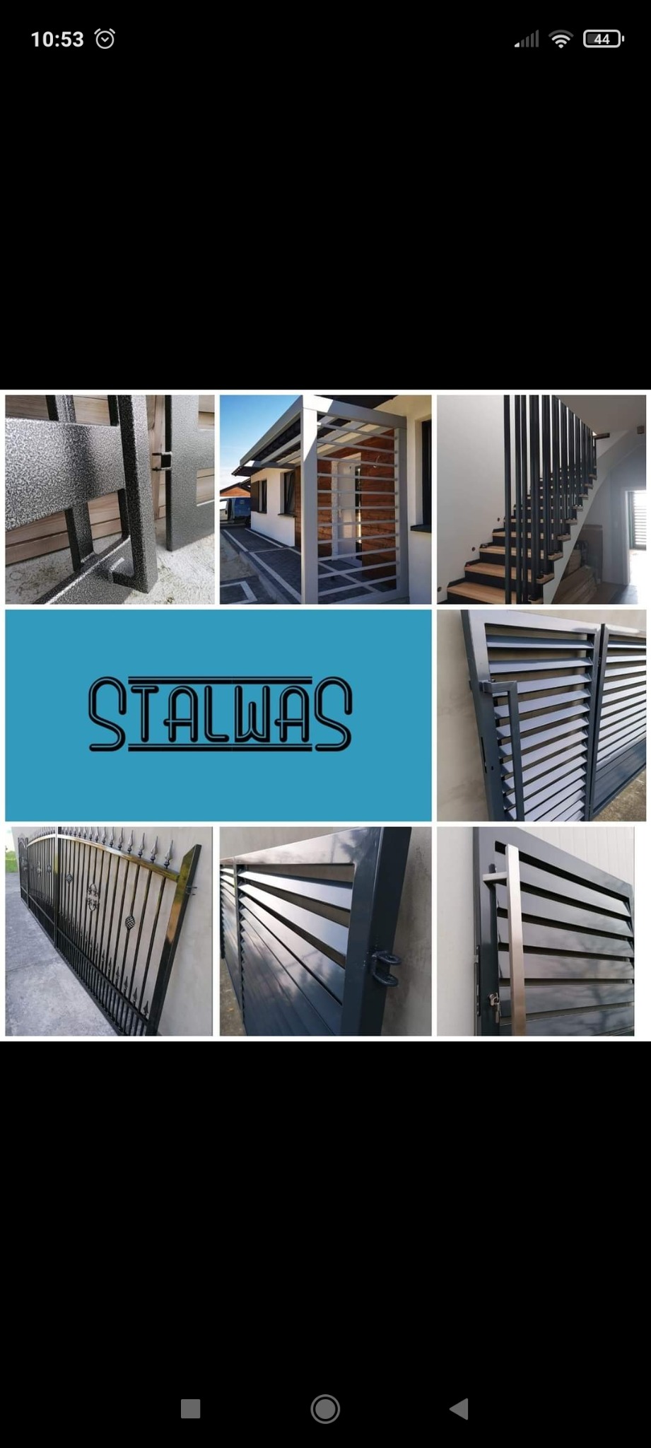 Kolaż zdjęć prezentujących metalowe konstrukcje: fragment ogrodzenia z fakturą, brama wjazdowa zadaszona, schody metalowe z drewnianymi stopniami, logo firmy na turkusowym tle, brama przesuwna...