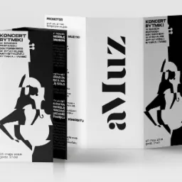 Trójdzielna ulotka reklamowa koncertu rytmiki z czarno-białą grafiką przedstawiającą sylwetki tancerzy w dynamicznych pozach.