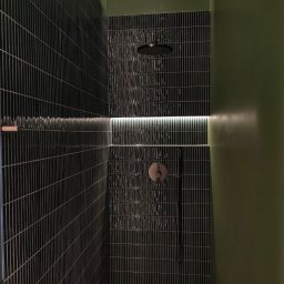 PAB PATRYK BIEŃ - Nowoczesna kabina prysznicowa z ciemnymi, pionowo ułożonymi płytkami i subtelnym oświetleniem LED, kontrastująca z oliwkową ścianą. Minimalistyczny design.