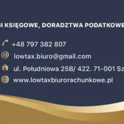 Grafika reklamowa biura rachunkowego Low Tax z logo w złotym obramowaniu, adresem ul. Południowa w Szczecinie, numerem telefonu i adresem e-mail, oferującego usługi księgowe, doradztwo podatkowe...