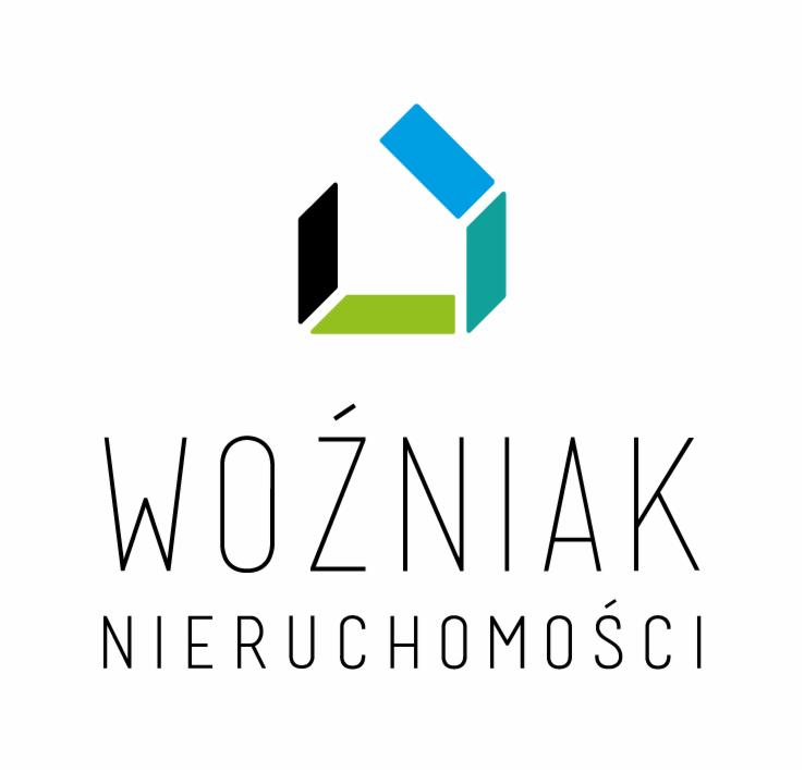 Logo firmy Wozniak Nieruchomości z geometrycznym symbolem domu w kolorach czarnym, zielonym i niebieskim.