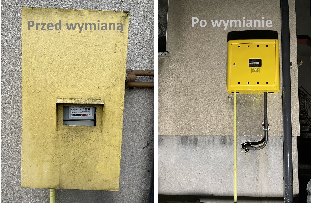 Porównanie stanu licznika gazu przed i po wymianie obudowy. Stara, żółta obudowa z widocznym, zabrudzonym licznikiem gazu zestawiona z nową, żółtą, estetyczną obudową z logo GAZ.