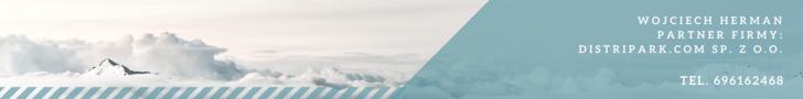 Grafika reklamowa: Błękitne tło z widokiem górskim, nazwa firmy Wojciech Herman Partner Firmy: Distripark.com Sp. z o.o. oraz numer telefonu 696162468.