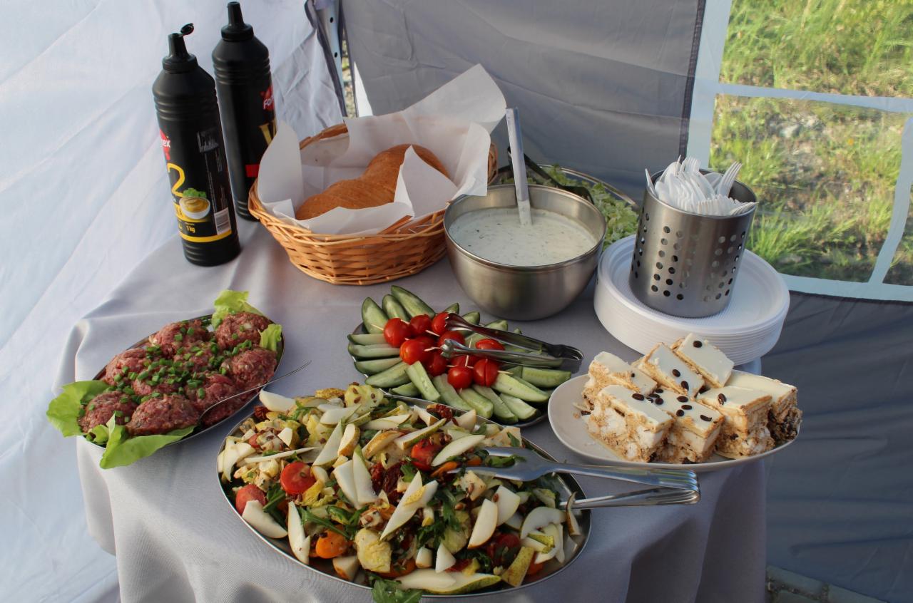 Stół cateringowy w plenerze: sałatka z gruszką i suszonymi pomidorami, koreczki z ogórka i pomidora, tatar wołowy, sos tzatziki, pieczywo w koszyku, ciasto z kremem i kawałki mięsa w liściach...