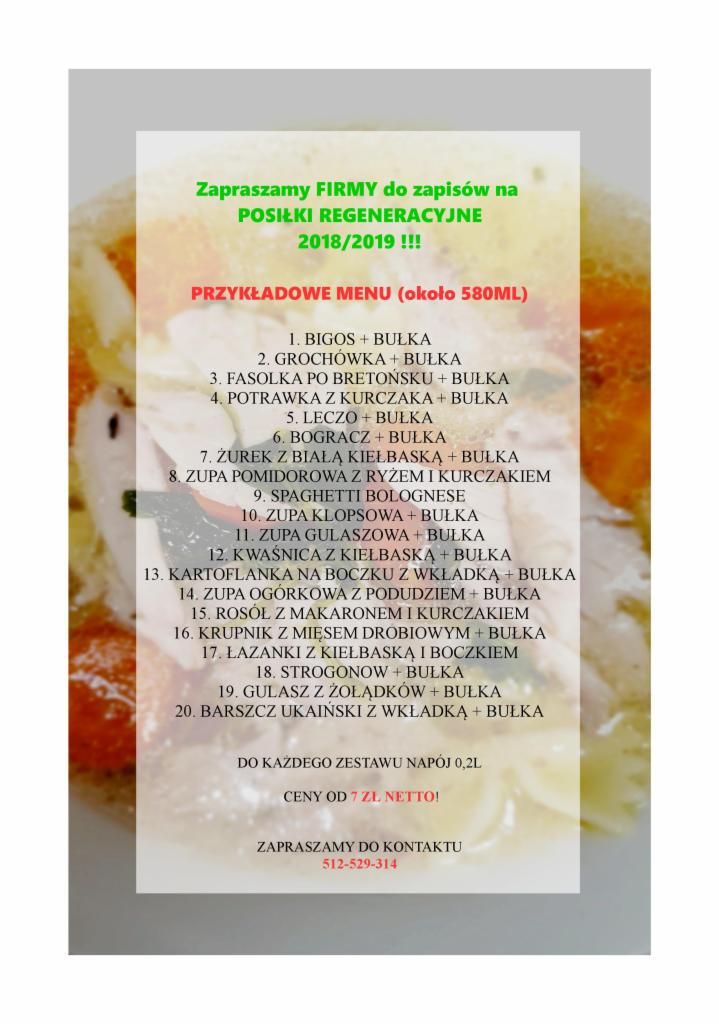 Przykładowe menu posiłków regeneracyjnych dla firm na lata 2018/2019, zawierające listę 20 dań, takich jak bigos, grochówka, leczo, żurek, zupa pomidorowa, spaghetti bolognese, zupa gulaszowa...