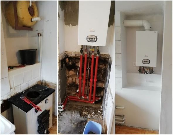 Demontaż piecokuchni i bojlera. Montaż kotła gazowego dwufunkcyjnego wraz wkładem kominkowym. Wykonanie zabudowy G/K.