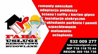 Grafika reklamowa firmy budowlano-remontowej FABA z Łomży, z ofertą remontów mieszkań, adaptacji poddaszy, ścian i sufitów z karton gipsu, instalacji elektrycznych, układania parkietu i paneli...