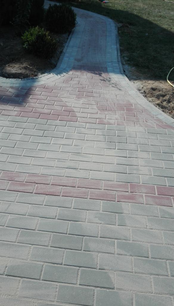 Ścieżka z kostki brukowej w odcieniach szarości i czerwieni, prowadząca przez trawnik i rabatę z krzewami, z widocznym fragmentem węża ogrodowego po prawej stronie.