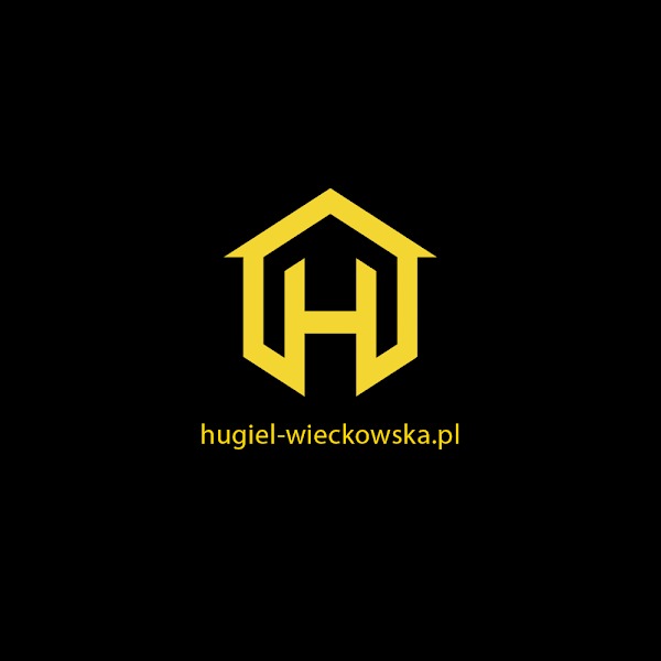 Żółte logo firmy z motywem domu i literą H na czarnym tle, adres strony internetowej hugiel-wieckowska.pl pod logotypem.
