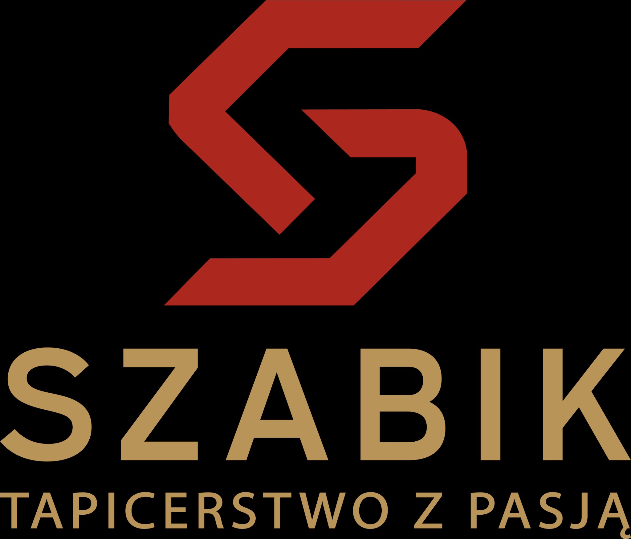 Logo firmy Szabik. Czerwony, geometryczny symbol nad złotym napisem 'SZABIK' i hasłem 'Tapicerstwo z pasją' na czarnym tle. Minimalistyczny design.