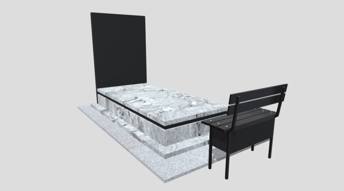 Wizualizacja nagrobka z jasnego granitu z czarną tablicą i ławką. Trzy stopniowe podesty. Ujęcie z boku, prezentujące detale wykończenia i kompozycję.